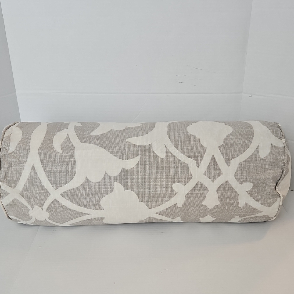 Barbara Barry Poetical Elegant Tan Taupe White Cotton Lumbar Accent Pillow